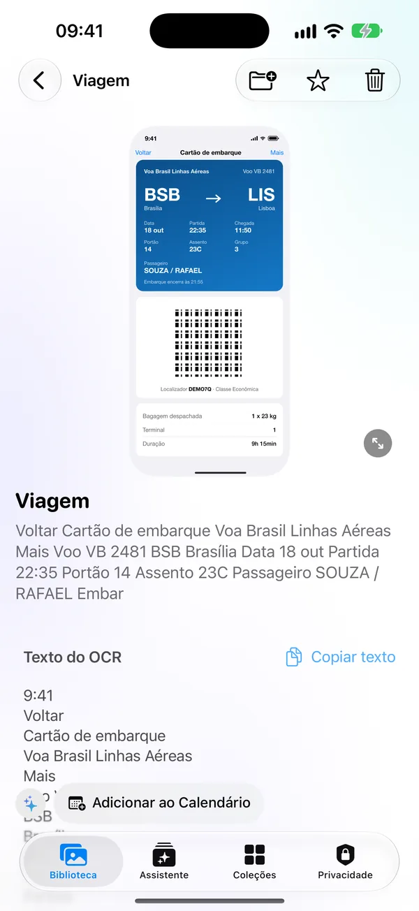 Tela de detalhe do CaptureVault: um cartão de embarque e, abaixo, o texto que o app leu da imagem.