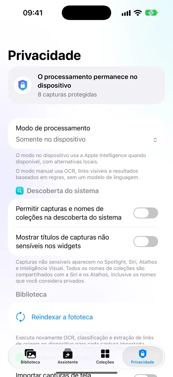 Aba Privacidade do CaptureVault: o processamento permanece no dispositivo e os interruptores de descoberta do sistema e de títulos no widget estão desligados.